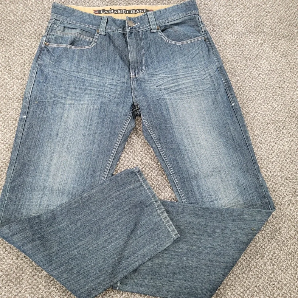 Lamasini Mens Straight Leg Jeans 36x32 Blue Denim Contrast Stitch Distressed